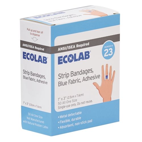 Ecolab® Strip Bandages, Blue Fabric, Adhesive, 1 in. x  3 in. 50 ct Reorder No. 23